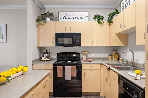 a kitchen with wooden cabinets and plants on the top of the cabinets